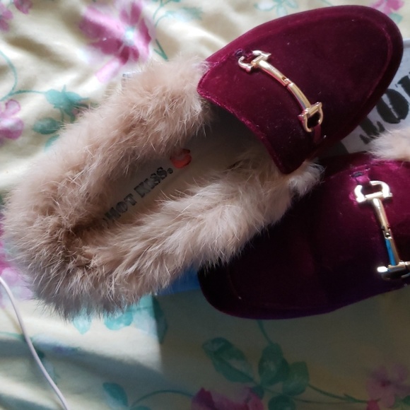 Burgundy Fluffy Slides/Mules - Picture 2 of 4